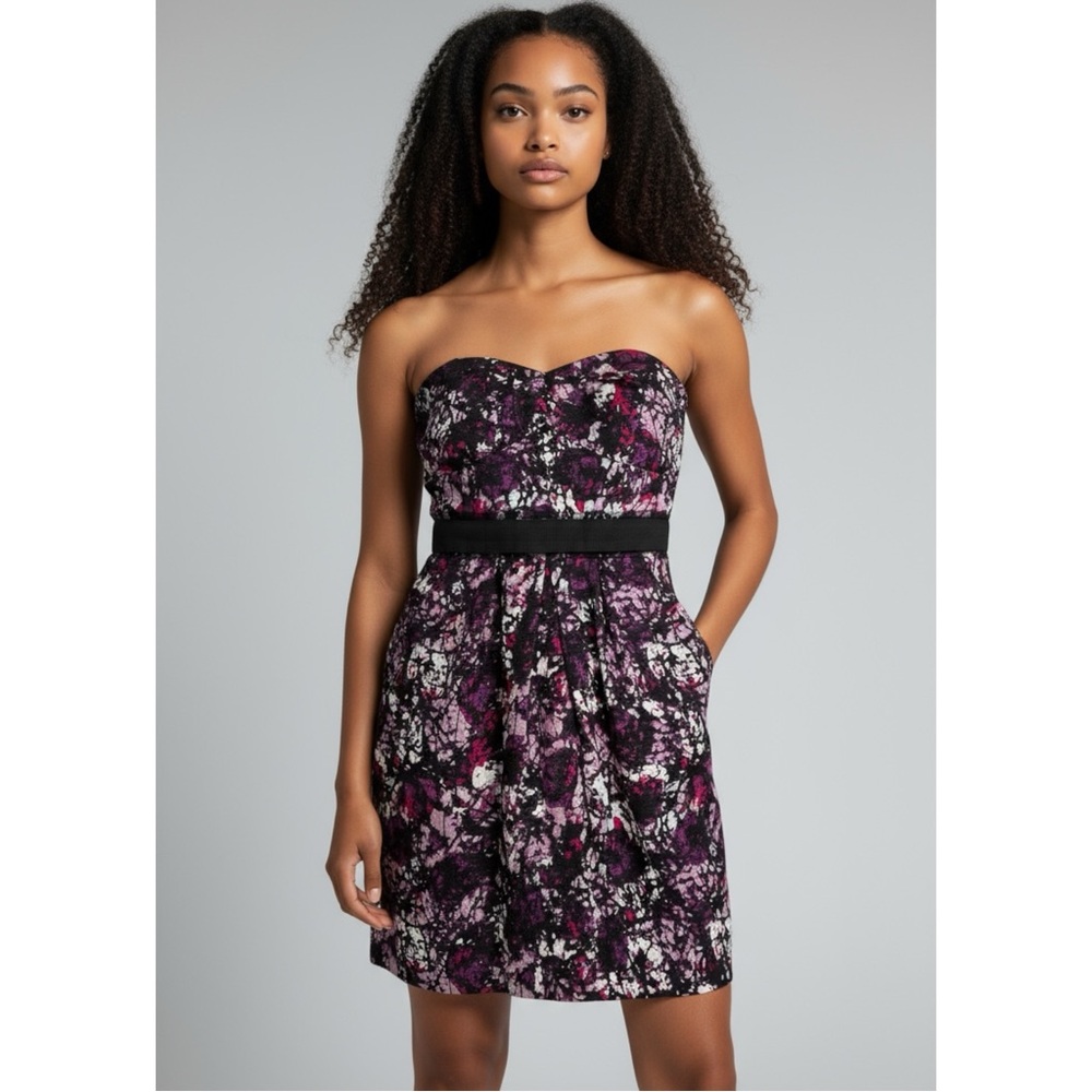 Max & Cleo Strapless Dress in Black and Purple Floral